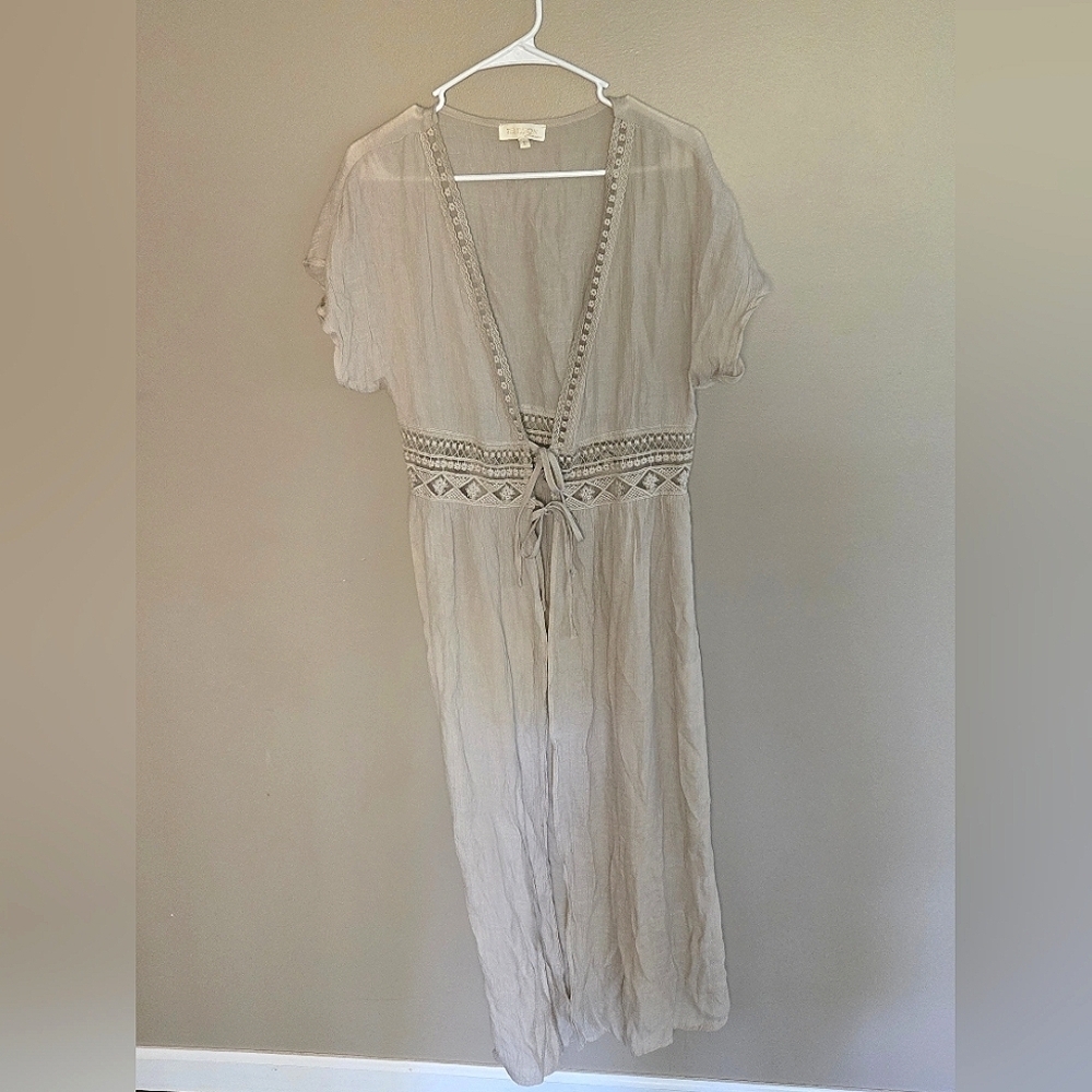 Women's Rebellion Again Tie Front Boho Lace Crochet‎ Duster Cover Up, Large